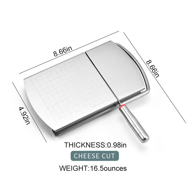 Stainless Steel Cheese Slicer with Block Cheese Blade, Cutting Board with Precise Measurements, Multi-purpose Slicing Tool for Blocks of Cheese, Butter, and Sausage., conventional, Silver