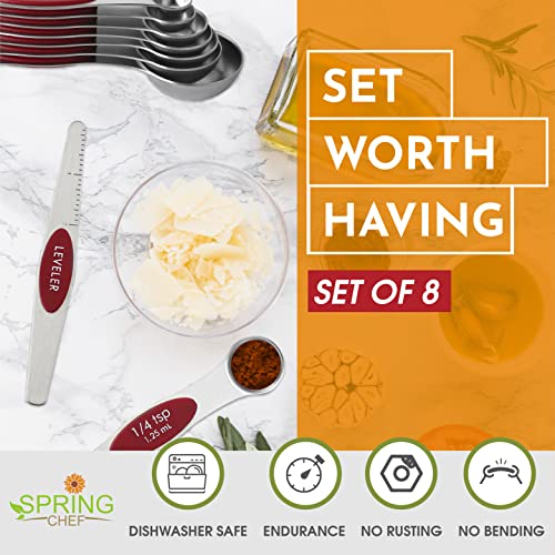 Spring Chef Red Stainless Steel Magnetic Measuring Spoons Set of 8 with Leveler, Dual Sided Nesting Teaspoon & Tablespoon Measuring Spoons, Kitchen Gadgets for Baking & Cooking, Fits in Spice Jars - color: Red, size: 1-Pack