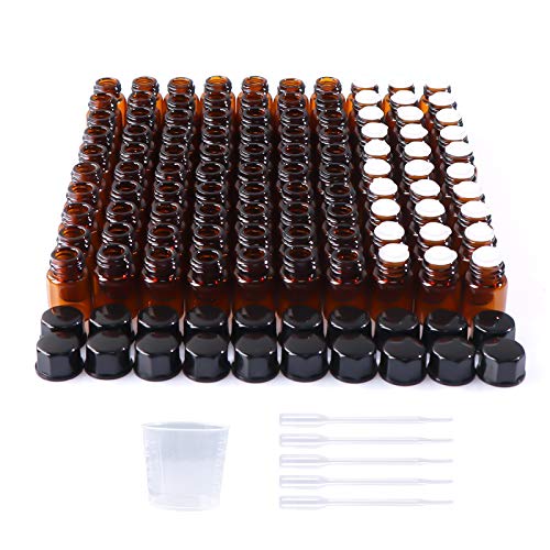 100 Pack 2ml (5/8 Dram) Amber Mini Glass Essential Oils Sample Bottles with Black Caps for Essential Oils, Perfumes & Lab Chemicals (30ml Measuring Cup and 5 Droppers Included)