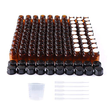 100 Pack 2ml (5/8 Dram) Amber Mini Glass Essential Oils Sample Bottles with Black Caps for Essential Oils, Perfumes & Lab Chemicals (30ml Measuring Cup and 5 Droppers Included)