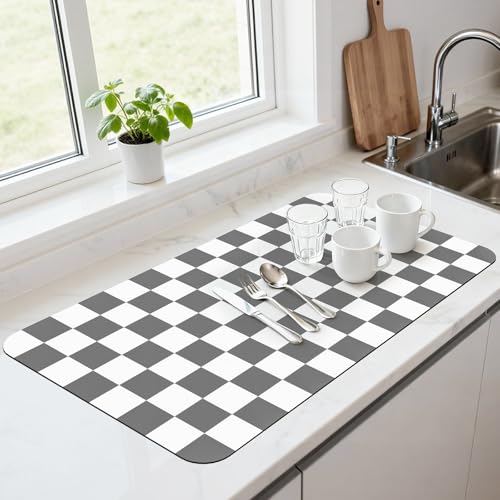 17" x 32" Checkered Dish Drying Mat for Kitchen Counter, Absorbent Coffee Bar Mat for Espresso Machine Coffee Countertops Accessories, Grey - color: Grey, size: 17" x 32"