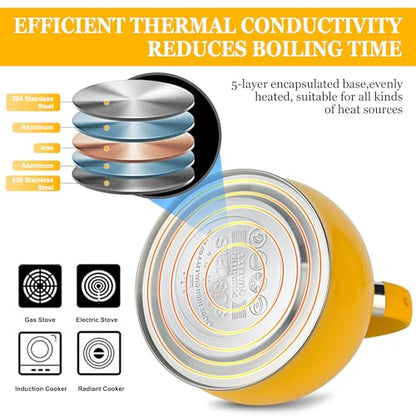 SUSTEAS Stove Top Whistling Tea Kettle - Food Grade Stainless Steel Teakettle Teapot with Cool Touch Ergonomic Handle, With 1 Silicone Pinch Mitt Included, 2.64 Quart,YELLOW - color: Yellow