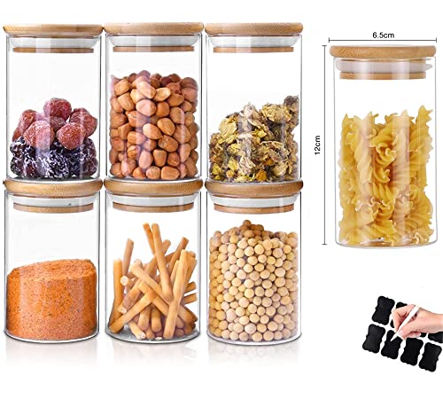 Glass Jars with Bamboo Wooden Airtight Lids 6oz 10oz Spice Jars Food Storage Containers for Home Kitchen, Tea, Salt, Pepper, Spices, Coffee, Herbs, Grains (10 OZ, 6 PCS)