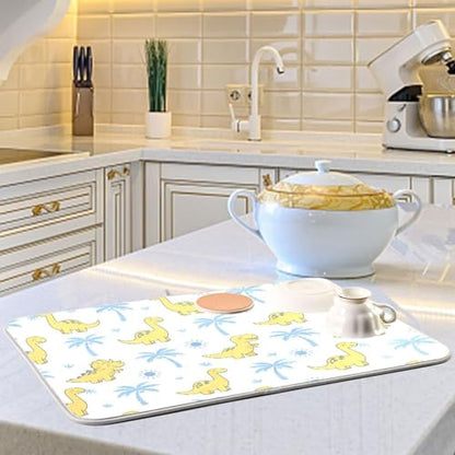 Dinosaur Palms Tree Dish Drying Mat for Kitchen Counter Super Absorbent Draining Mat with Non-slip Backed Dishwashing Mat for Dish Bottles Cups Bowl Sinks Countertops Draining Racks