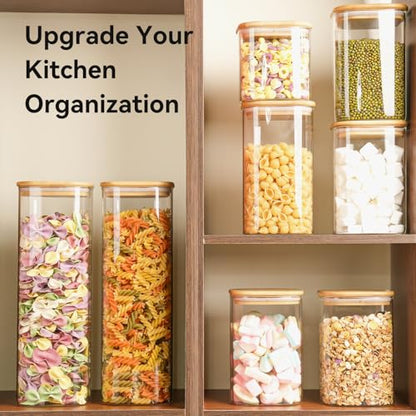 Glass Spaghetti Pasta Storage Container - 3 Pack 2.5 QT Airtight Food Storage Jar Set with Bamboo Lid Labels -Tall Square Kitchen Pantry Canister Organizers for Noodle Cookies Flour Cereal Coffee Bean - size: 82oz*3