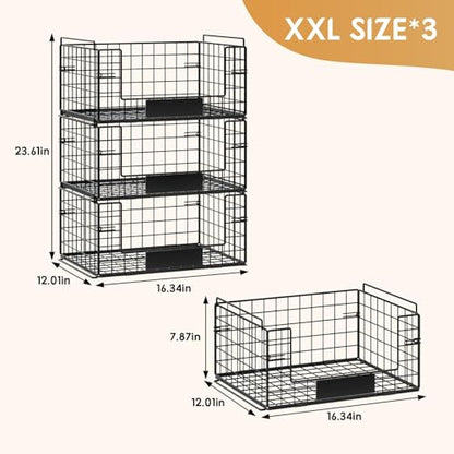 JKsmart 3 Pack XXL Stackable Wire Baskets with Handles for Pantry Storage and Organization, Fruit and Vegetable Basket with Name Plates, Metal Storage Bins for Snack Can Fruit Veggies, XXL - size: XXL-16.34"x12.01"x23.61"