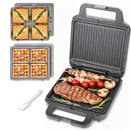 FineMade Panini Grill Press Breakfast Sandwich Maker 3 in 1, Electric Griddle Panini Press, Grilled Cheese Maker, Sandwichera Electrica, Belgian Waffle Maker with Removable Plates - style: Panini Grill Press Maker