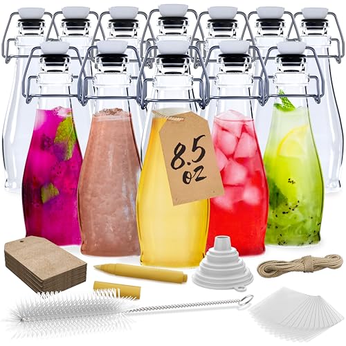 Nevlers 8.5 Oz Teardrop Swing Top Glass Bottles with Stoppers 12 Pack Set | Flip Top Glass Bottle with Stopper , Shrink Wrap, Funnel, Brush, Tags & Marker | For Use as Homemade Vanilla Extract Bottles - style: Teardrop - 12 Pack