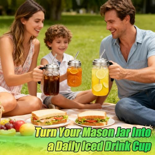 Palksky Mason Jar Lids with Straw Hole Wide Mouth, Stainless Steel Drinking Lid with Handle & Silicone Rings, Spill-Resistant Mason Jar Straw Lid for Iced Coffee, Juice, Lemonade (2 Packs) - style: Wide Mouth Lids with Straw Hole & Handle 2 Packs