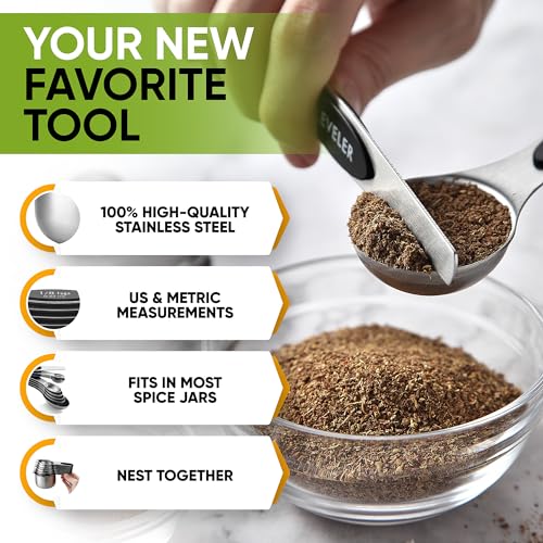 Spring Chef Magnetic Measuring Cups & Spoons Set, Patented, Strong N45 Magnets, Heavy Duty Stainless Steel Fits in Spice Jars for Baking & Cooking, BPA Free, Round Set of 15 with Leveler, Black - color: Black, size: Set of 15