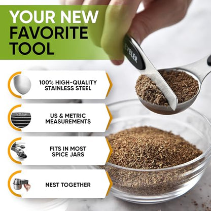 Spring Chef Magnetic Measuring Cups & Spoons Set, Patented, Strong N45 Magnets, Heavy Duty Stainless Steel Fits in Spice Jars for Baking & Cooking, BPA Free, Round Set of 15 with Leveler, Black - color: Black, size: Set of 15