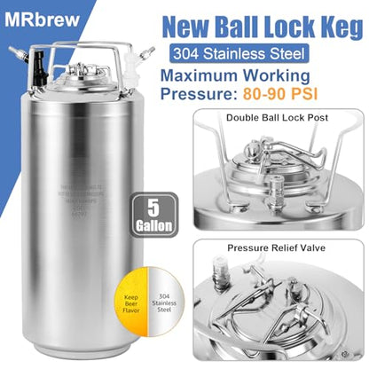 MRbrew New 5 Gallon Ball Lock Keg, Stainless Steel Corny Keg with Two Ball Lock Keg Fittings & Gasket Set, Double Ball Lock Post Beer Keg For Draft, Homebrew, Craft Beer, Cold Brew Keg for Party