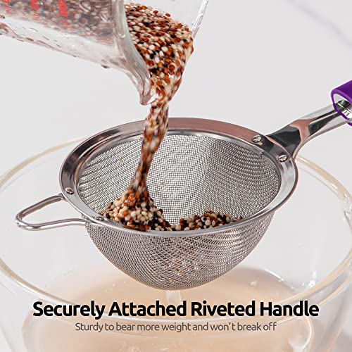 18/8 Stainless Steel Mesh Strainer: U-Taste 3.9 Inch Kitchen Fine Mesh Sieve Food Colander with Riveted Sturdy Silicone Handle and 30 Mesh Hole for Straining Flour, Quinoa, Tea, Juice (Purple) - color: (5) Purple, size: Small (3.9 x 11.1 in)