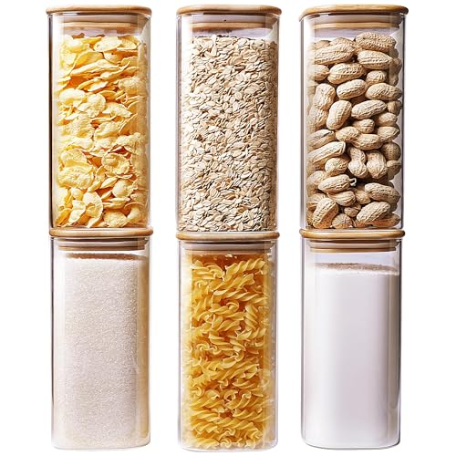 HomArtist Square Glass Jars with Bamboo Lids 30 FL OZ [Set of 6], Glass Canisters with Airtight Lid, Glass Food Storage Container for Pasta, Flour, Sugar, Rice, Best for Kitchen & Pantry - color: Square 30OZ Set-6Pack