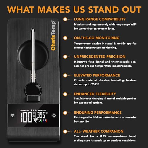 ChefsTemp ProTemp Plus Next-Gen Wireless Meat Thermometer Digital Unlimited Range Bluetooth & WiFi Enabled Smart Cooking Grilling Smoker BBQ Oven Kitchen Rotisserie (Stand + 1 Probe)