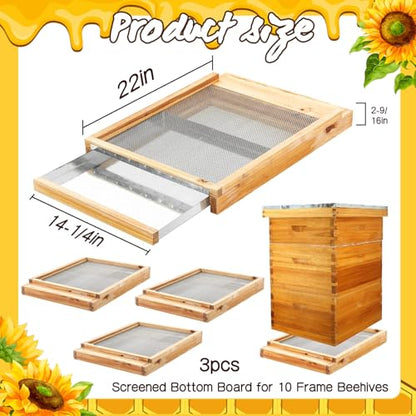 DoubleFill 3 Pcs 8 Frame Beehive Metal Screened Bottom Board Dipped in Beeswax with Entrance Reducer Beeswax Wood Screened Bottom Board for Beekeeping Supplies - size: 8 Frame