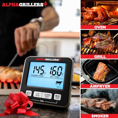 Alpha Grillers 육류 온도계 디지털 - 음식 요리, 그릴링, BBQ 스모커용 주방 오븐 온도계 - 7가지 사전 설정 온도 알림, 타이머, 알람 및 스테인리스 스틸 온도 탐침