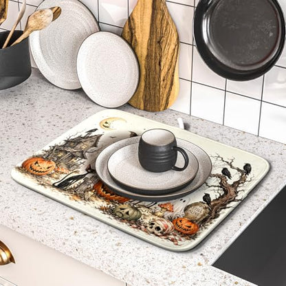 Giwawa Halloween Pumpkin Ghost Dish Drying Mat Black Cat Microfiber Dishes Pad 16x18 Inch Holiday Dish Drainer Rack Mats for Kitchen Counter Sink - color: Pumpkin Ghost, size: 16x18 inch