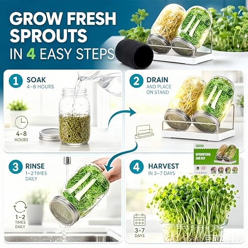 Sprouting Kit,Seed Sprouting Jar Kit,2Pcs Large Wide Mouth Mason Jar with 304 Stainless Steel Screen Sprout Lid,Sprout Jar Stand,Tray,Blackout Sleeves,Sprouts Growing Kit for Broccoli,Mung Bean - color: Red