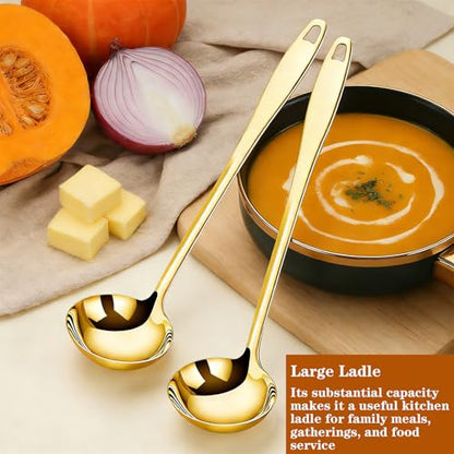3 Pieces Gold Soup Ladle, 11.6" Metal Ladle Stainless Steel, Large Soup Spoon With Handle for Serving, Stirring, Cooking Spoon for Kitchen