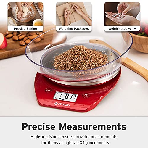 Etekcity 0.1g Food Kitchen Scale, Bowl, Digital Grams and Ounces for Weight Loss, Dieting, Baking, Cooking, and Meal Prep, 11lb/5kg, Stainless Steel Red - color: Chili Red, size: 11lb