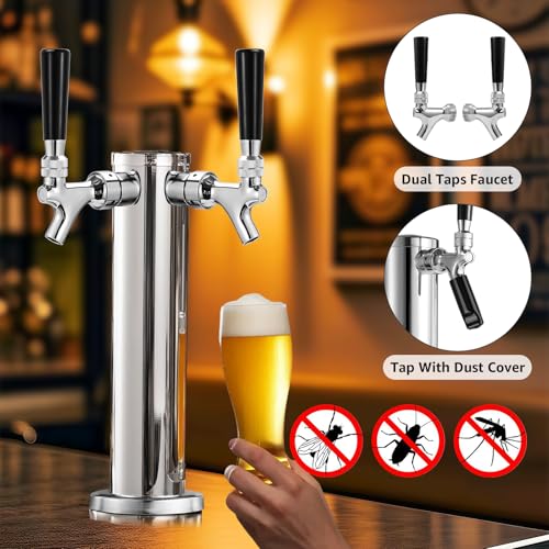 Dual Beer Tower Dispenser - Double Tap Kegerator Tower Draft Beer Tower Dispenser Pre-installed 5ft Beer Line Stainless Steel Core Faucet Double Keg Tap Beer Tower for 3" Kegerator Tower - size: Dual Tap Beer Tower