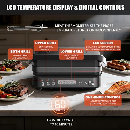CATTLEMAN Panini Grill Press Sandwich Maker with Removable Plates, 1600W, 5 in 1 Smokeless Indoor Grill & Griddle with Meat Thermometer, PFAS Free Ceramic Nonstick Reversible Plates, Opens Flat - color: Black with Reversible Plates