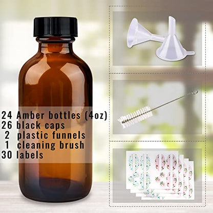 PINIWON 24 Pack 4 oz Amber Glass Bottles, 120ml Boston Round Sample Bottles with Black Poly Cone Caps, Labels, Funnels and Brush - color: Amber-24 pack