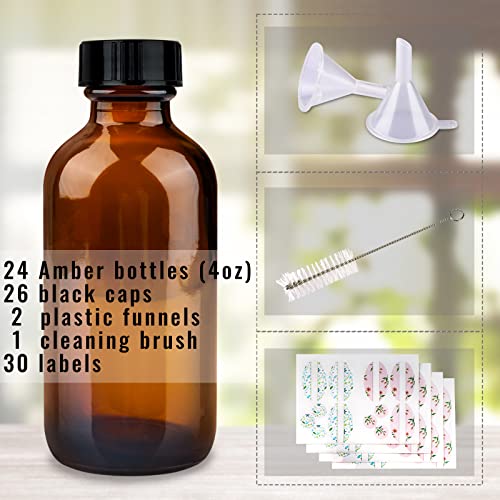 PINIWON 24 Pack 4 oz Amber Glass Bottles, 120ml Boston Round Sample Bottles with Black Poly Cone Caps, Labels, Funnels and Brush - color: Amber-24 pack