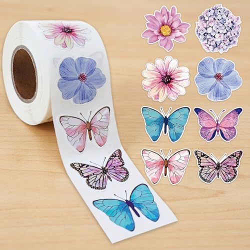 500Pcs/Roll Butterfly Flower Stickers Roll, 8 Designs Watercolor Colorful Floral Self-Adhesive Labels for Gift Wrapping, Scrapbooking Supplies, Waterproof Decals for Wedding Envelope Cards & Cups - color: 500pcs- Butterfly Flower