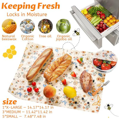 9 Pack Beeswax Wraps for Food – Reusable Beeswax Bread Bag & Sandwich Wrap | Organic & Eco-Friendly,Sustainable Bees Paper,Retain Freshness,Perfect Alternative to Aluminum Foil Sourdough Storage - color: 9 Pack（Flower）