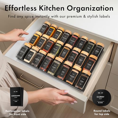 EDELHAUS® Square Spice Jars with Bamboo Wooden Lid (Pack of 36) Spice Jars with Shaker Insert and 240 Labels - Bamboo Lid Glass Container for Spice Organisation [4.3 in × 1.8 in] - color: 36x Bamboo Jars Black Stickers