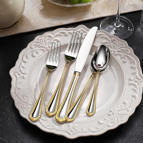 KEAWELL Pearl Edge 4-Piece Premium Dinner Knives: Stainless Steel Table Knives with a Refined Bead Design, Brightly Polished, 9.6 Inches, Dishwasher Safe. (Gold Accent) - color: Gold Accent
