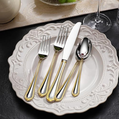 KEAWELL Pearl Edge 4-Piece Premium Dinner Knives: Stainless Steel Table Knives with a Refined Bead Design, Brightly Polished, 9.6 Inches, Dishwasher Safe. (Gold Accent) - color: Gold Accent