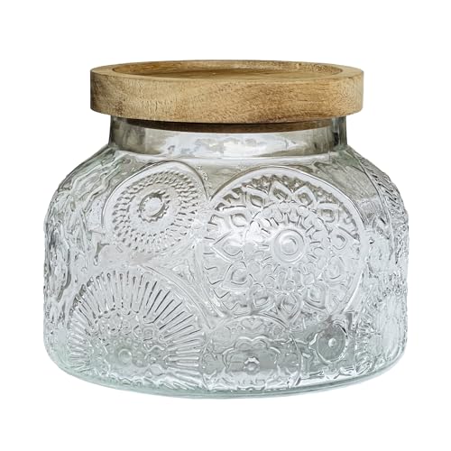 Decorative Glass Jar with Airtight Wooden Lid 25.4 oz, Wide Mouth Vintage Kitchen Food Storage Container for Cookie Candy Honey Flour Spice Coffee Tea, Home Decor Sand Candle Holder Vase - size: 25.4 Ounces, style: Clear Flower
