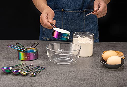 WELLSTAR Measuring Cups and Spoons Set of 8, Food Grade 18/8 Stainless Steel Measure set for Dry Liquid Measurement, Rainbow Titanium Coated Kitchen Gadgets for Cooking Baking, 4 Cup and 4 Spoon