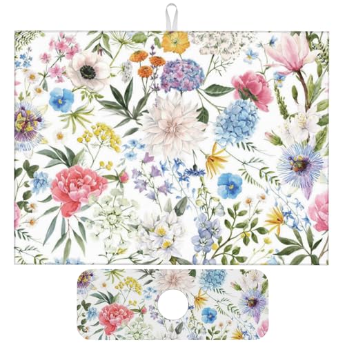 Colorful Flowers Dish Drying Mat for Kitchen Counter, 18"x24" Microfiber Absorbent Fast Dry Mat, 2Pcs Dish Mat Faucet Mats Sets, Large Drying Kitchen Mat Kitchen Drying Pad Coffee Bar Decor Gifts - color: Colorful Flowers, size: 18"X24"