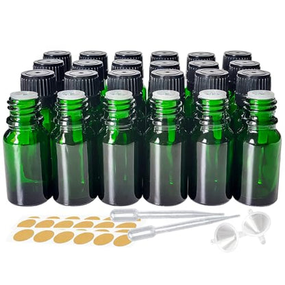 24 Pack 10ml Green Glass Essential Oils Bottles Empty Glass Dropper Vials Sample Bottle With Orifice Reducer and lid,for Aromatherapy Oils (Green, 10ml) - color: Green