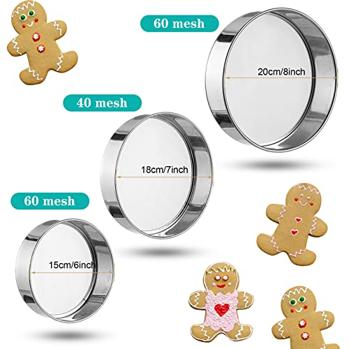 Patelai 3 Pcs Stainless Steel Round Flour Sifter Sieve Fine Mesh for Bake Decorate Cakes, Pies, Pastries, Cupcakes (6 Inch and 8 Inch 60 Mesh,7 Inch 40 Mesh) - size: 6 Inch and 8 Inch 60 Mesh,7 Inch 40 Mesh
