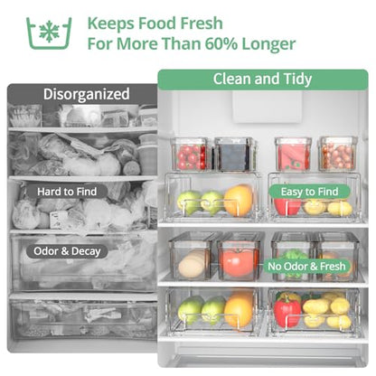 damynuo 14Pack Fridge Organizer Bins, Clear Refrigerator Organizing Containers with Lids and Refrigerator Drawers, Stackable Food, Vegetable and Fruit Containers for Fridge Organizers and Storage