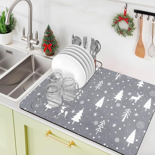 Christmas Dish Drying Mat, 16" x 24" Drying Mat for Kitchen Counter, Super Absorbent Coffee Mats Fits Under Coffee Maker, Kitchen Accessories for Espresso Machine, Gray - color: Gray Tree Reindeer, size: 24" x 16"