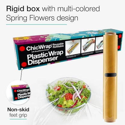 Chicwrap Spring Flowers Refillable Plastic Wrap Dispenser - One 12" x 250' Roll of Professional Grade Plastic Wrap - BPA Free and Kosher Certified - Reusable Dispenser w/Slide Cutter - style: Spring Flowers