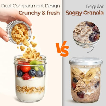 ComSaf Overnight Oats Containers with Lids, 16 oz Glass Mason Jars, 2 Pack | Dual-Layer Design, Yogurt Parfaits, Chia Pudding, Cereal, Fruit and Nuts, Reusable Breakfast Prep - size: 20oz Overnight Oats Cups