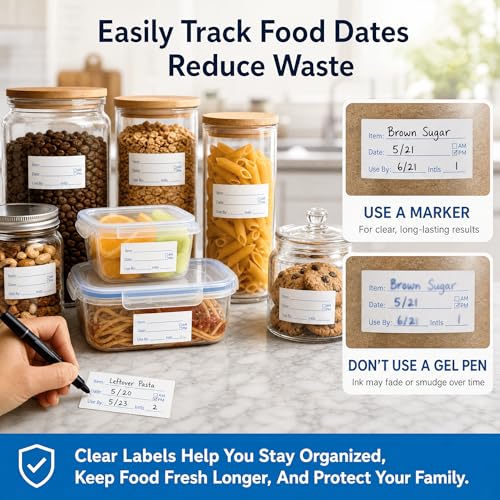Food Labels for Containers, 2 Rolls, 500 Each, Meal Prep Kitchen Storage. | 1000 labels total. Writable fields Item Date Use By AM PM Initials. 1x2 inch labels for meal prep kitchen restaurant storage.