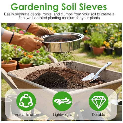 5 Pcs Soil Sifter Set, Stainless Steel Garden Sieve with 5 Interchangeable Meshes 1/3/6/9/12mm, 8 Inch Diameter for Gardening, Compost, Bonsai, Dirt and Sand Sifting, with Shovel, Silver