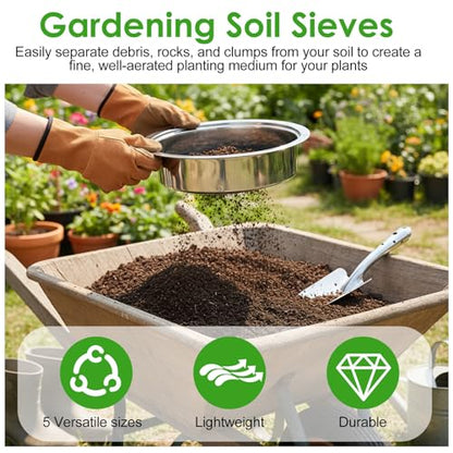 5 Pcs Soil Sifter Set, Stainless Steel Garden Sieve with 5 Interchangeable Meshes 1/3/6/9/12mm, 8 Inch Diameter for Gardening, Compost, Bonsai, Dirt and Sand Sifting, with Shovel, Silver