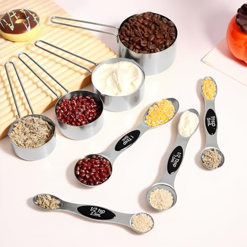13pcs Stainless Steel Measuring Cups and Spoons Set, Including 8 Double-Sided Magnetic Measuring Spoons Set & 1 Leveler, 4 Metal Measuring Cups - color: Black