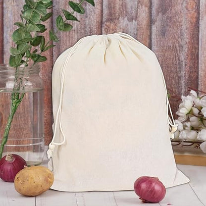 VillageCulture Muslin Drawstring Bags Pack of 12 Pcs Unbleached Reusable bags Favor Pouches for Crafts, Herbs, Gifts & Pantry Storage 10 x 12 inches