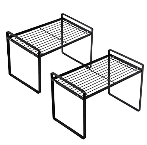 Shantton 2pk Kitchen Cabinet Shelf Counter Organizer Rack Pantry Storage Bathroom Bedroom Office Table Desk Space Saving Steel Frame Stackable Rust Resistant Non Slip Black-Tall-L13in W8.3in H9.5in - color: Black, size: L13" W8.3" H9.5"