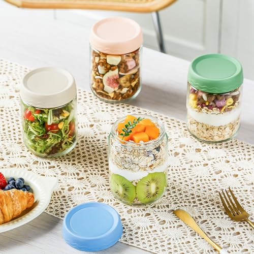DRKIO 16 Oz Overnight Oats Containers with Lids - 6 Pack Glass Storage Jars with Airtight Lids Wide Mouth Mason Food Jars Great for Meal Prep Salad Chia Pudding Snacks Yogurt Sugar Spice Cereal - color: 16 Oz - 6 Colors